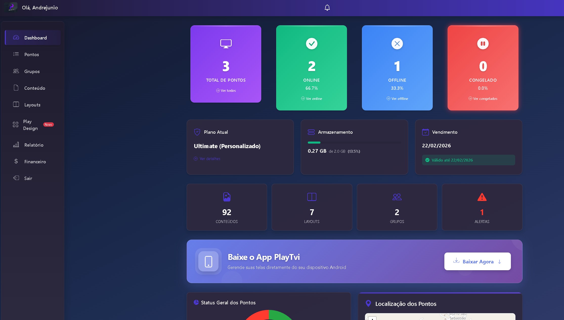 Dashboard da plataforma de digital signage PlayTVi para gestão de telas e mídia indoor