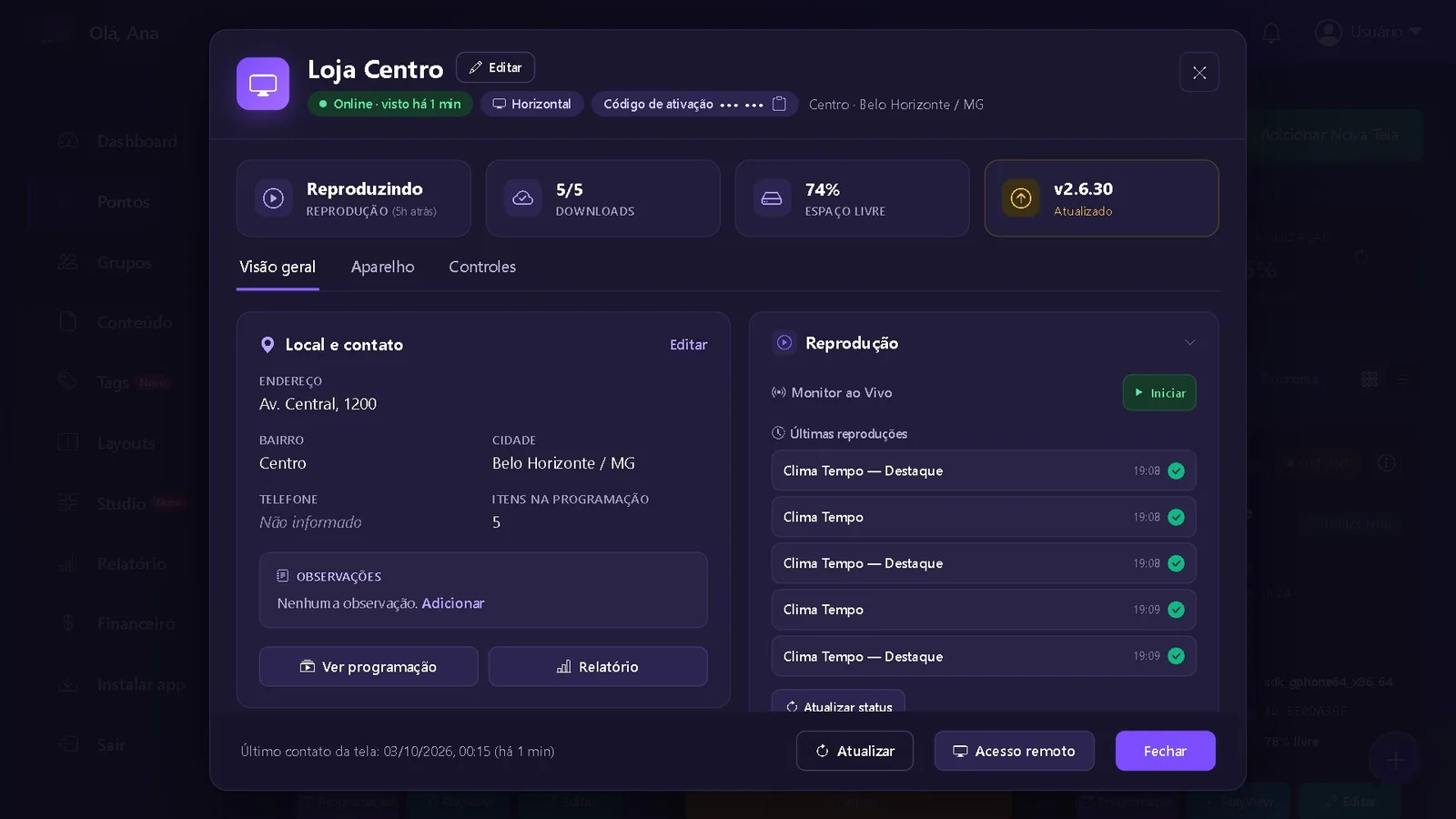 Janela de informações da tela no painel PlayTVi com o botão Acesso remoto no rodapé