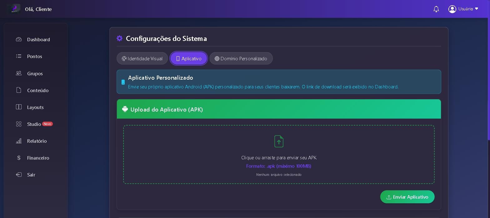 Aba Aplicativo das configurações, com upload do APK personalizado