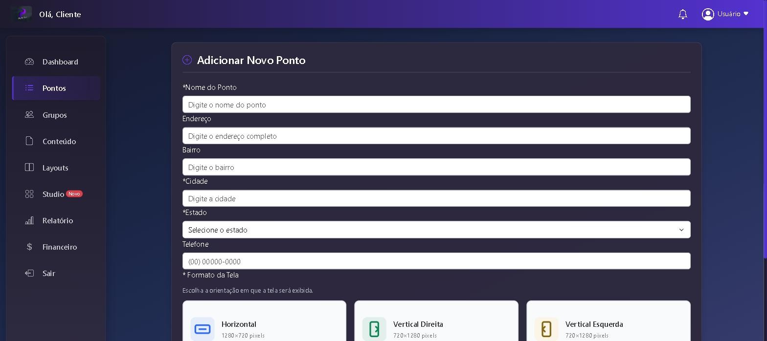 Formulário Adicionar Novo Ponto com nome, endereço, cidade, estado e escolha do formato da tela
