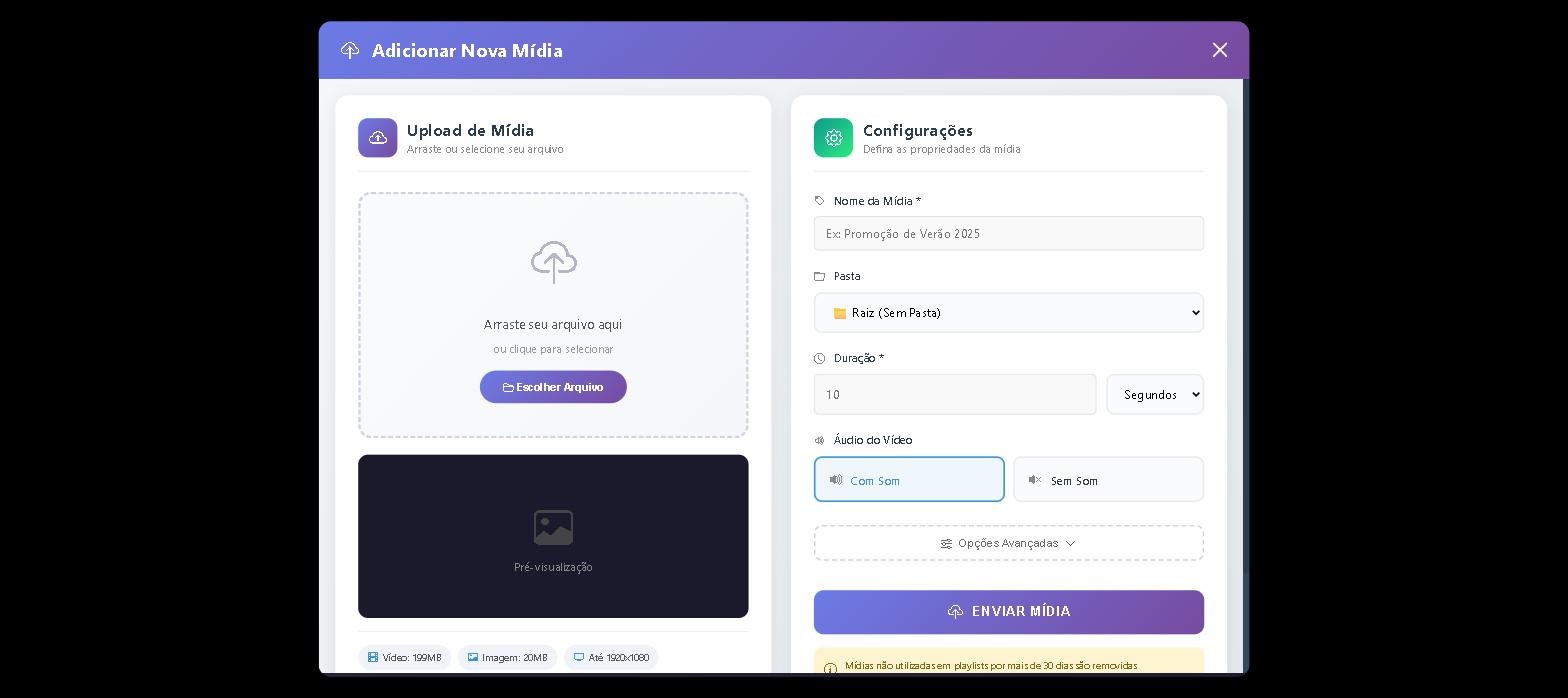 Janela Adicionar Nova Mídia com área de upload e configurações de nome, pasta, duração e áudio