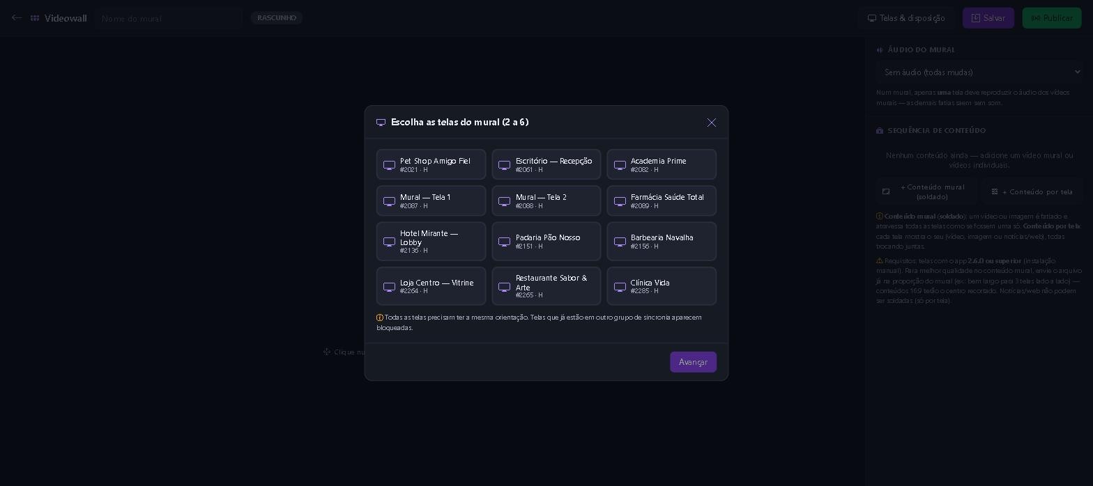 Seleção das telas que compõem o videowall, de 2 a 6 telas